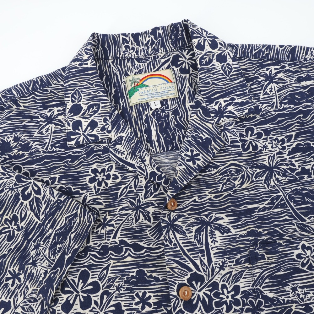 Paradise Found Men's Hawaiian Shirt Size L Blue White Tropical‎ Palm Tree Floral